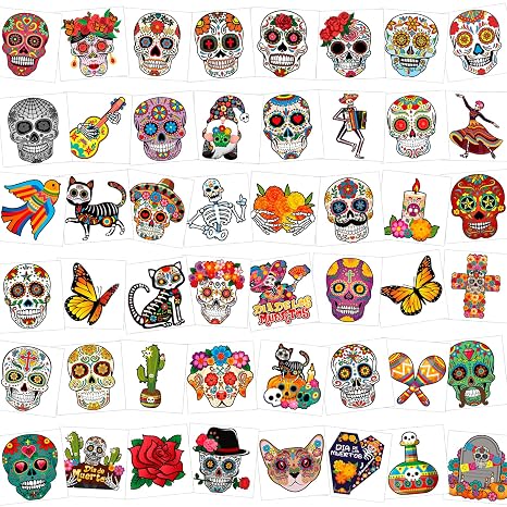 HOWAF 96pcs Day of the Dead Face Tattoos, Dia De Los Muertos Costume Skuall Temporary Tattoos, Day of the Dead Floral Skull Tattoos Stickers for Halloween Mexican Fiesta Party Decoration - skull sticker