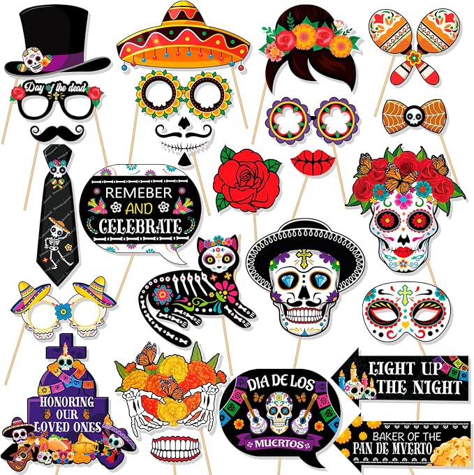 HOWAF Day of The Dead Photo Booth Props,Dia De Los Muertos Sugar Skull Photo Booth Props Kit for Halloween Mexican Fiesta Decoration,Day of The Dead Paper Cutouts - skull sticker