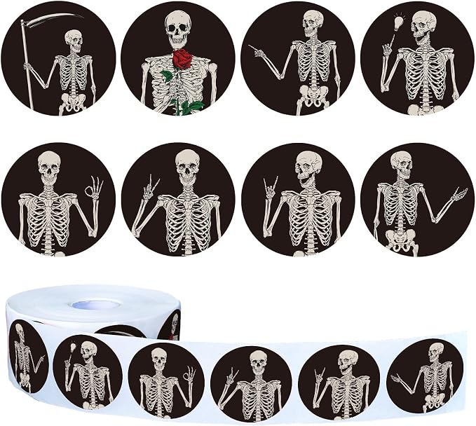 Whaline 1000Pcs Halloween Stickers Roll Self Adhesive Halloween Skeleton Stickers Halloween Skull Decal Stickers Round Adhesive Stickers for Halloween Party Favor Decor, 8 Design - skull sticker