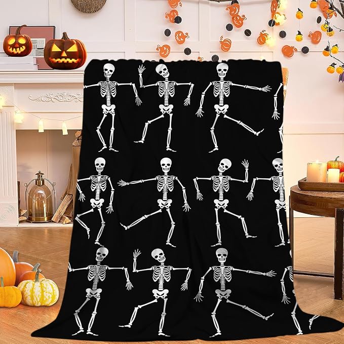 JOOCAR Dancing Skeletons Throw Blankets Funny Halloween Throw Blanket Lightweight Cozy Flannel Blanket for Bedroom Living Rooms Couch Sofa Bed Home Decoration 40x50 Inch - skull blanket