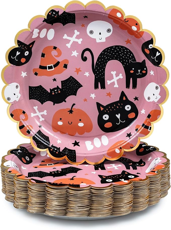 Halloween Paper Plates, 50-Count Disposable Halloween Dinner Plates, Scalloped, Party Supplies, Cute Bats, Jack-O-Lanterns, Cats, Skulls, Pink