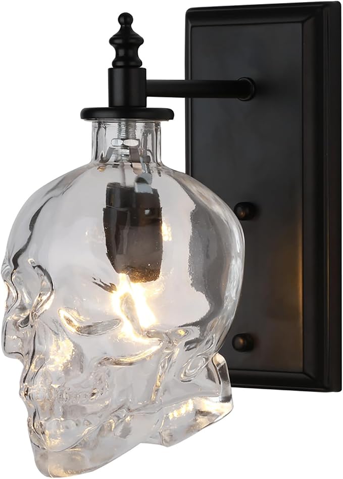 Industrial Retro Mini Clear Glass Skull Wall Sconces Black Metal Finish with Clear Glass Wall Lamp for Bedside E14 Wall Light - skull lamp