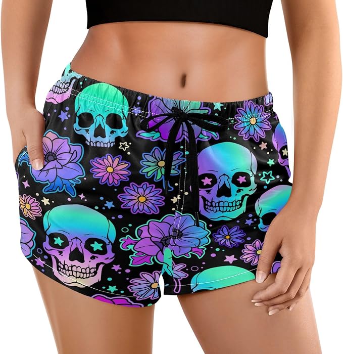 visesunny Floral Womens Casual Drawstring Shorts Summer Elastic Waist Comfy Loose Fit Shorts Pocketed Pants - skull swimsuit