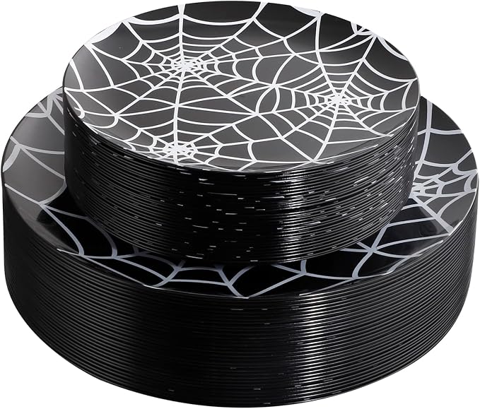 I00000 60 Pcs Halloween Plates Perfect for 30 Guests Include: 30 Dinner Party Plate, 30 Disposable Dessert Plastic Plate, Disposable Plastic Plates for Spooky Party Supplies, Halloween Decorations - skull plate