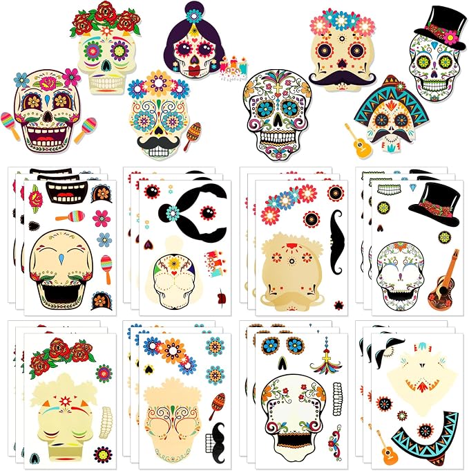HOWAF Day of The Dead DIY Stickers, 24 Sheets Halloween Sugar Skull Crafts Gift Dia De Los Muertos Party Games Supplies Make Your Own Skull Stickers for Kids - skull sticker