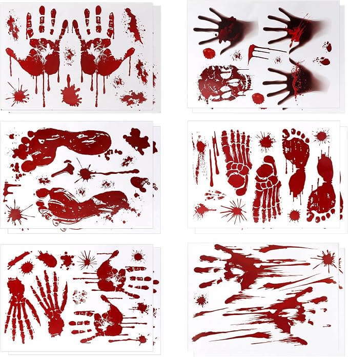 DC-BEAUTIFUL Halloween Bloody Handprint Footprint Horrible Window Stickers, 12 Sheets Decoration Clings for Window Wall Floor Glass Bathroom Outdoor Indoor Halloween Party - skull sticker