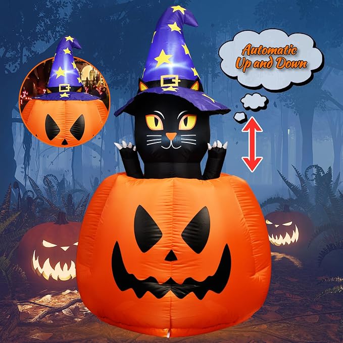 5.3 FT Halloween Inflatable Animated Witch Cat in Pumpkin, Blow Up Yard Decorations with Build-in LEDs Lighted Decor for Holiday Party Outdoor Indoor Lawn Garden - skull inflatable