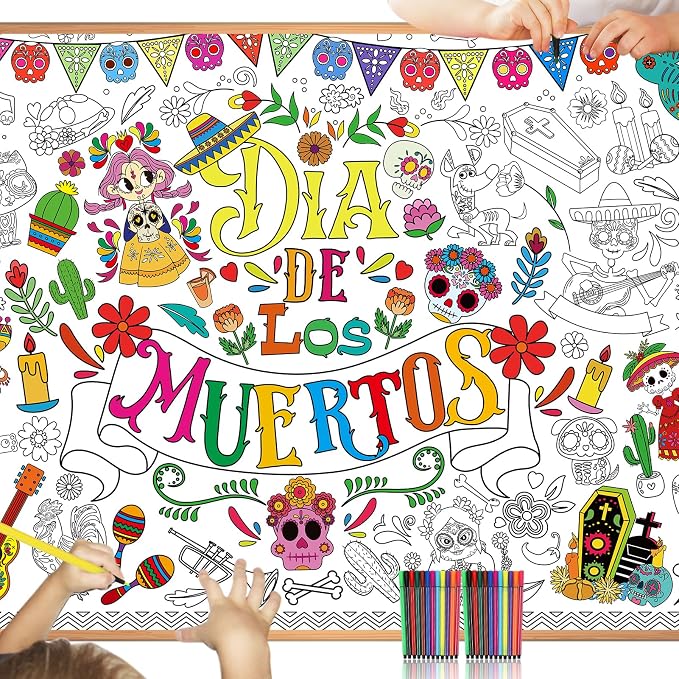 HOWAF Dia De Los Muertos Coloring Poster with 24 (12 Colors) Paint Pens, Dia De Los Muertos Party Decoration Supplies Coloring Poster Banner for Mexican Themed Party, Day of The Dead Coloring Table
