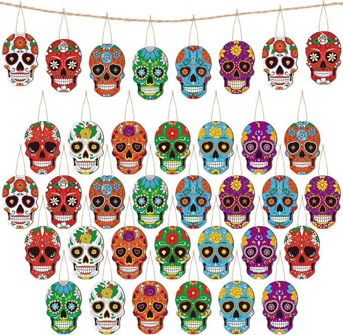 Hoteam 36pcs Day of The Dead Wooden Ornaments for Halloween Tree Decoration - sugar skull ornament