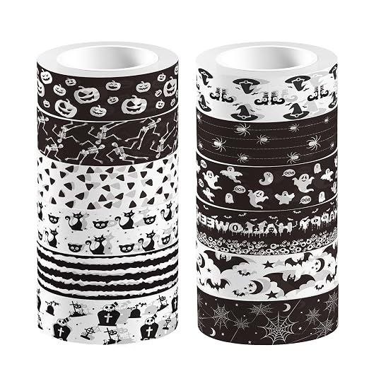 12 Rolls Halloween Theme Washi Tapes Pumpkin Spider Pattern Decorative Tape Black and White Masking Tape for Halloween Scrapbook Journal DIY Craft Gift Wrapping, 16.4Ft - skull sticker