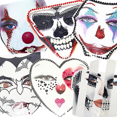 Clown Face Jewels Fake QN Halloween Face Gems Skull, 6-Pack - sugar skull makeup