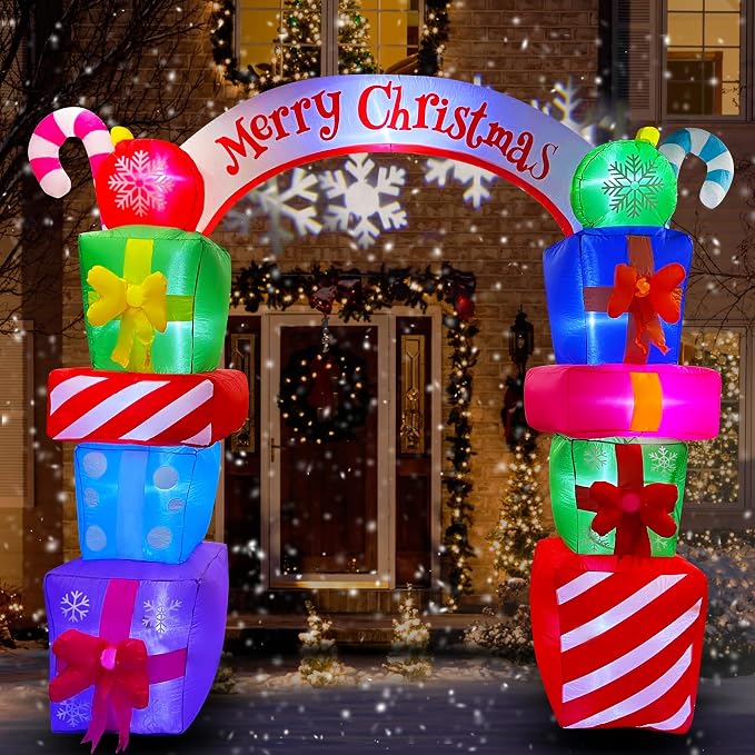 SEASONBLOW 8 FT Christmas Inflatable Gift Boxes Arch Archway with Candy Merry Christmas Decoration Blow Up Lighted for Xmas Lawn Yard Garden Home Indoor Outdoor