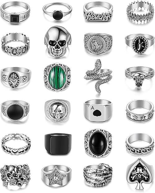 24PCS Punk Rings Set for Men Vintage Cool Gothic Rings Sliver Hippie Stacking Knuckle Ring Skull Snake Poker Rings Pack - skull ring