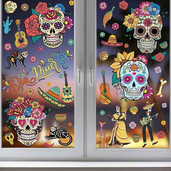 Day of The Dead Window Clings Sugar Skulls Window Stickers Halloween Window Decals Window Glass Clings Wall Art Decorations Mexican Fiesta Party Home Living Room Office Window Clings Decor 9 Pcs - skull sticker