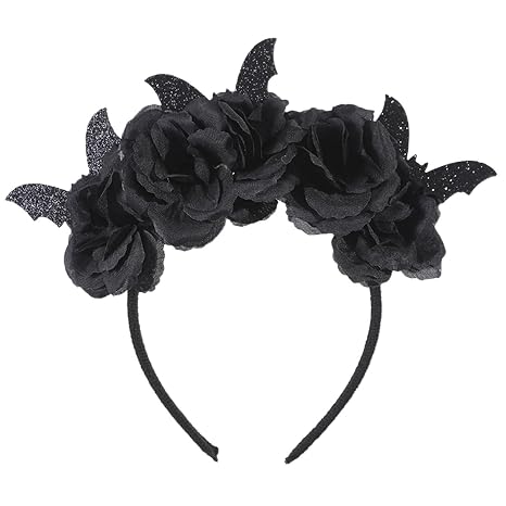 Halloween Headband Black Rose Bats Headbands for Women Gothic Flower Hair Accessories Headpiece Hair Hoop Headwrap for Halloween Cosplay Party Day of The Dead Headdress for Women Girls Decoration 1PCS - skull headband