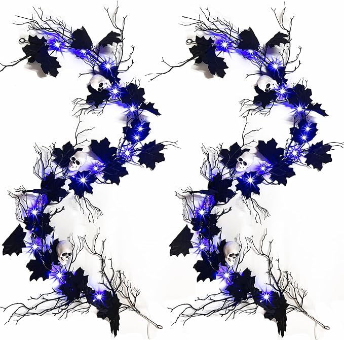 Halloween Garland Clearance Timer 2 Pack 6 Feet Dead Branch Garland Lights with Maple Leaves and Skull Battery Operated Black Branch Garlands for Fall Halloween Mantle Wall Home Christmas Decoration