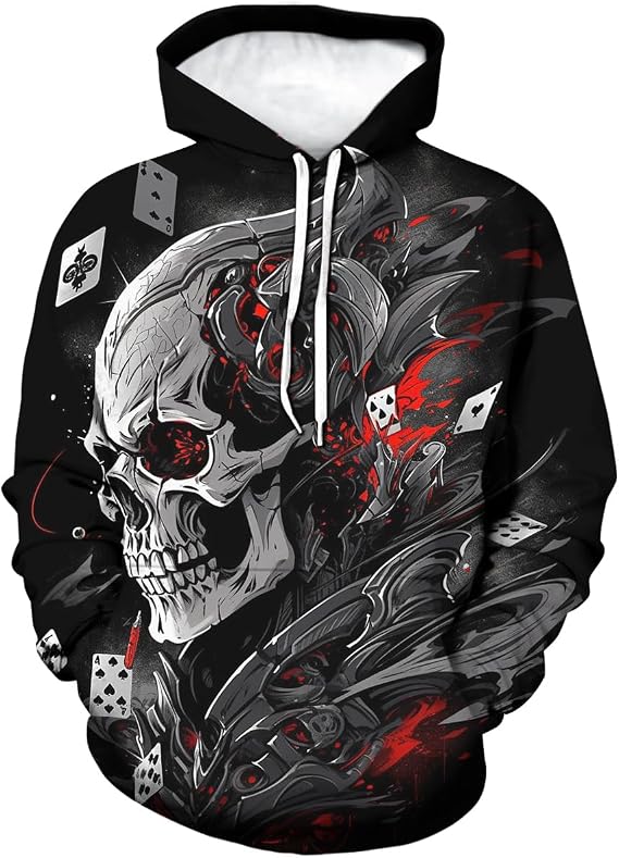 Men's Poker Hoodies Skull Printed Hoodie Novelty Graphic Sweatshirts Fashion Pullover - skull hoodie