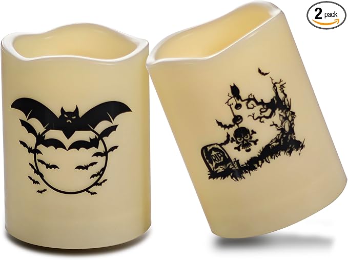 2 Halloween Outdoor Battery Operated Flameless LED Candles w/Timer 3x4in - skull candle