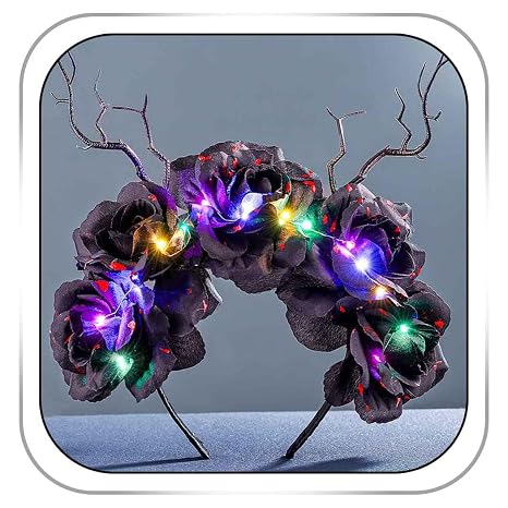 Light Up Halloween Headband Rose Flower Crown Headbands Glowing Black Antler Headpieces Halloween Cosplay Hair Accessories for Women - skull headband