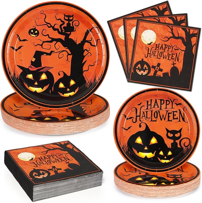 Homlouue 200 PCS Halloween Plates and Napkins, Black Pumpkin Paper Plates for Halloween Party Decoration, Serves 50, With Bat & Cat Design - skull plate