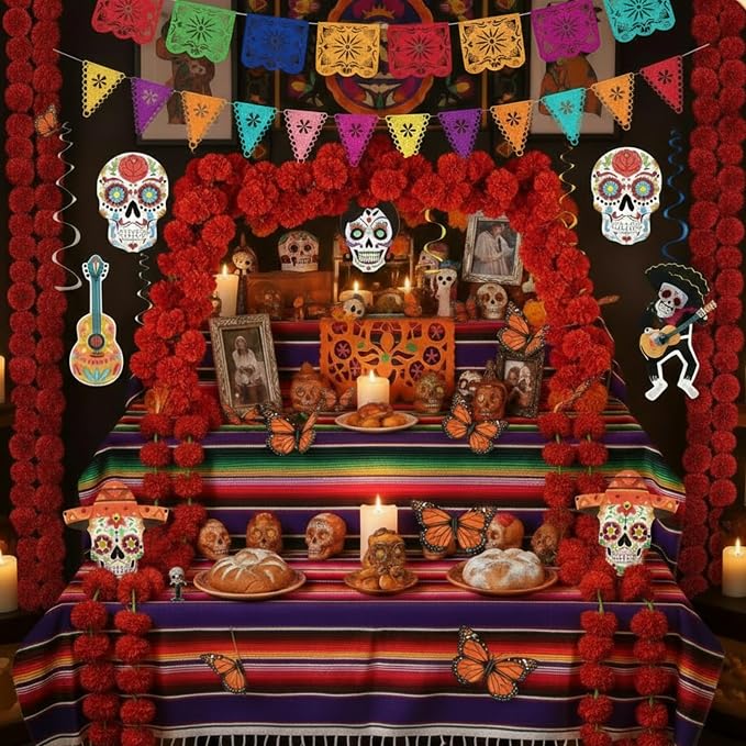 30 Pcs Dia De Los Muertos Decoration Set for Altar Ofrendas, Red - skull carpet