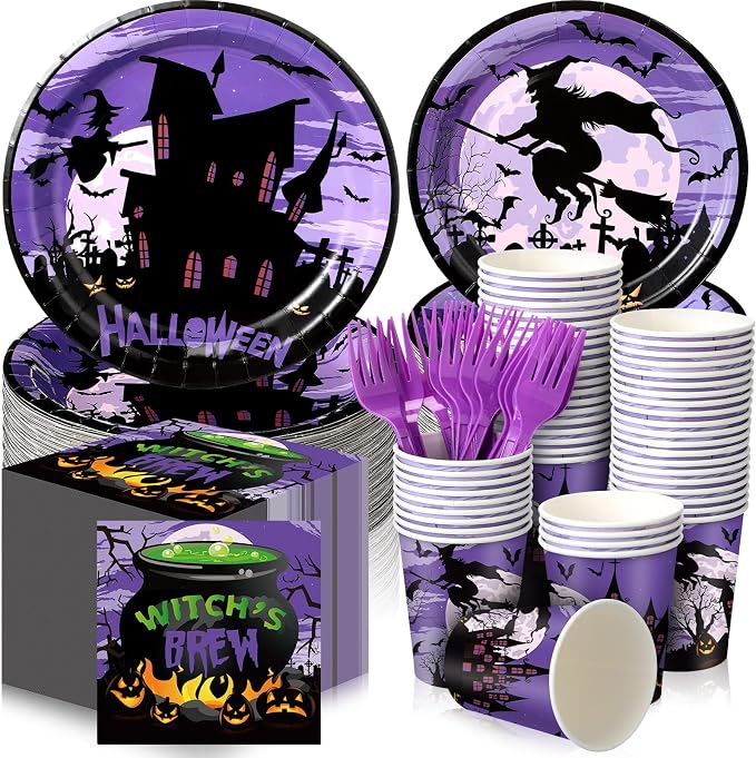 Sliner 180 Pcs Halloween Party Supplies Plates Napkins Cups Serve 30 Halloween Disposable Paper Dinner Dessert Plates Spooky Napkins Cocktail Beverage Cups Plastic Fork Set (Purple,Witch) - skull plate