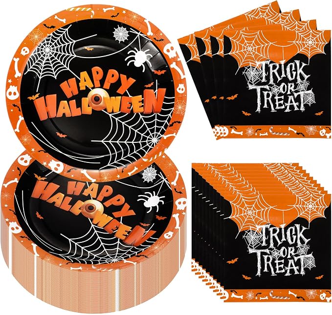 Umigy 100 Pcs 9 Inch Halloween Paper Plates and Napkins, Serves 50 - skull plate