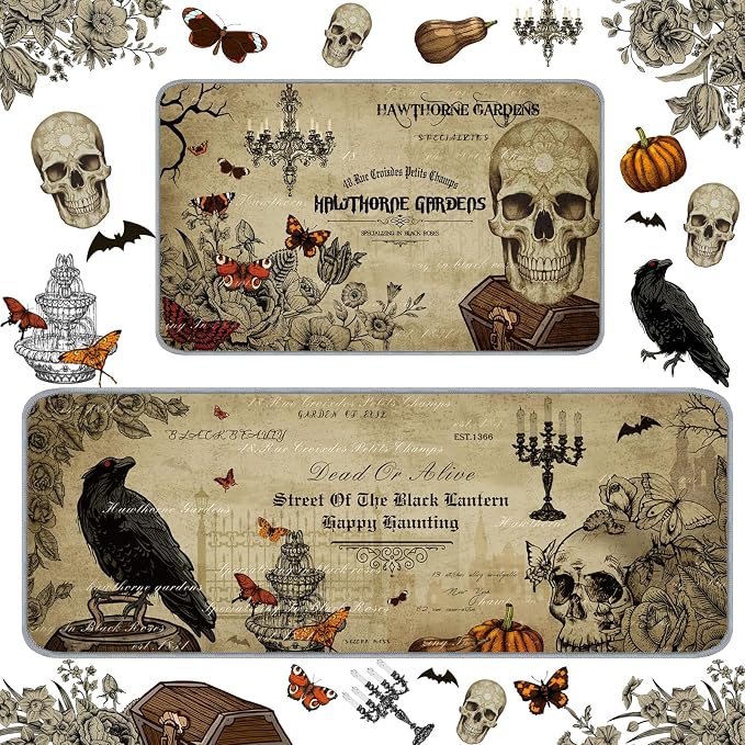 2 Pcs Halloween Gothic Skull Raven Pumpkin Floor Rugs,Retro Style - skull rug
