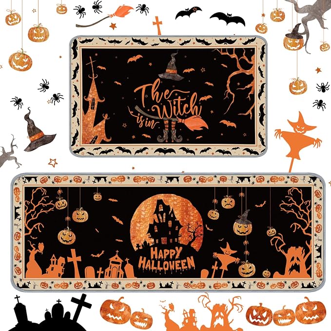 2 Pcs Halloween Gothic Skull Raven Pumpkin Floor Rugs,Novel Style - skull toilet mat