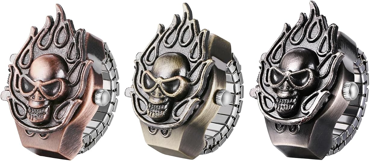 JewelryWe Men Women Finger Watch Punk Skull Flip-Open Cover Quartz Analog Ring Watches, Adjustable Size, - skull watch
