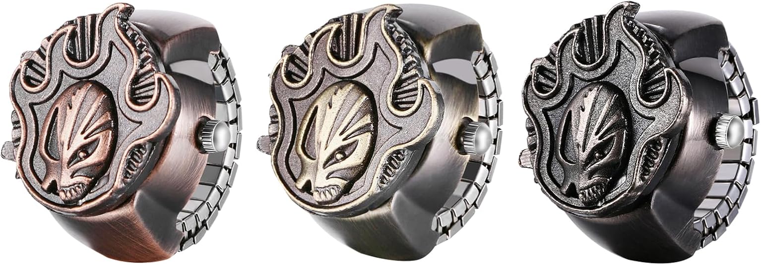JewelryWe Men Women Finger Watch Punk Skull Flip-Open Cover Quartz Analog Ring Watches, Adjustable Size, for Valentine's Day - skull watch
