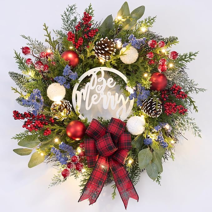Prelit Christmas Wreath for Front Door Outside,22 inch Be Merry Wreath with red Black Buffalo Plaid Bow,Lighted Farmhouse Christmas decoration-30 LED Light/Timer,Winter Door Wreath, Porch Decor - skull wreath