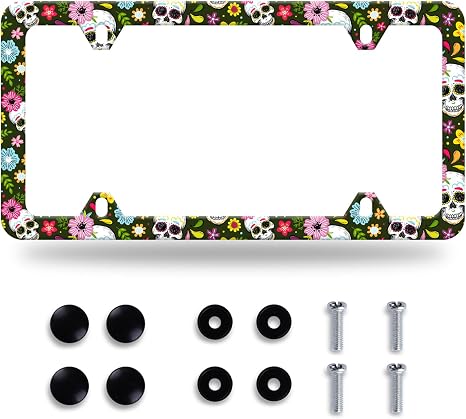 Sugar Skull License Plate Frame Stainless Steel Auto Parts 12.3"x6.3" - skull plate