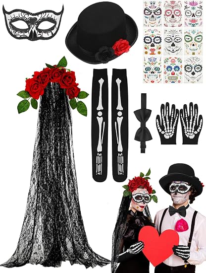 Toulite 16 Pcs Day of the Dead Set Women Headband Veil Skeleton Gloves Mask - sugar skull costume