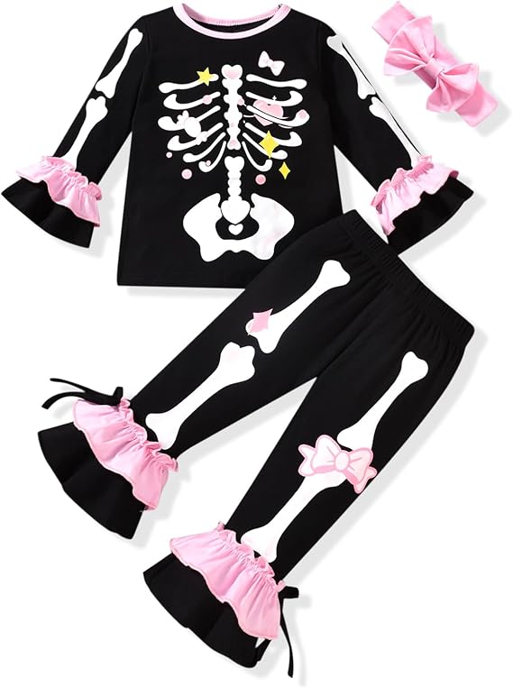 HINTINA Toddler Baby Girls Halloween Thanksgiving Outfits Bell Bottom Flared Pants Set - sugar skull dress