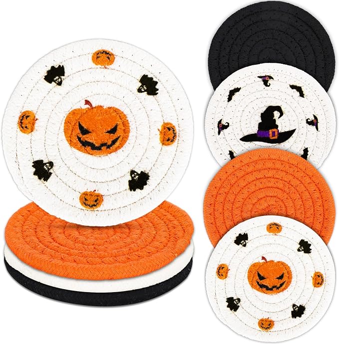 Whaline 4 Pack Halloween Handmade Braided Drink Coasters Black Orange Pumpkins Witch Hats Absorbent Cotton Cup Coasters Heat Resistant Cup Mats for Halloween Home Kitchen Office Table Decor, 4.3 Inch - skull coaster