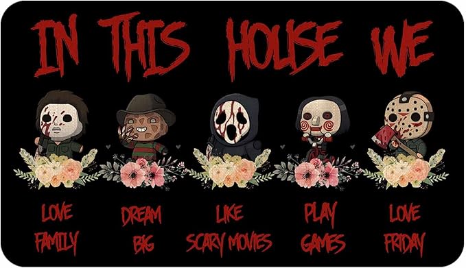 Halloween Horror Villains Welcome Doormat, in This House We Love Family Scary Movies Friday Vintage Non-Skid Floor Mat Decoration Kitchen Door Mat Bedroom Doormat 17x30 inch - skull floor mat