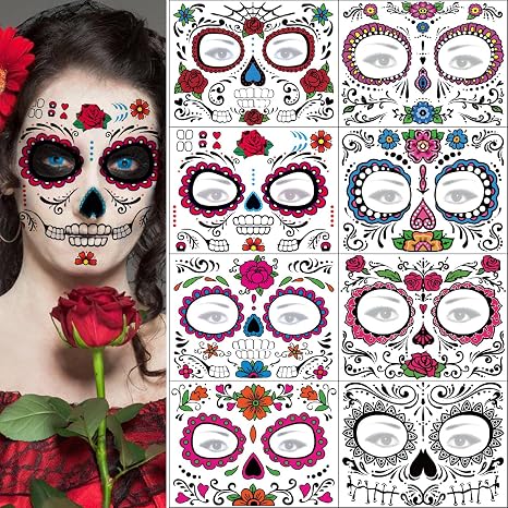 Day of the Dead Face Tattoos - 8 Sheets Halloween Temporary Tattoo Face Stickers Kit Día de Los Muertos Glitter Red Roses Skeleton Sugar Skull Fake Tattoo for Halloween - skull sticker
