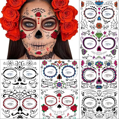 Day of the Dead Face Tattoos - 8 Sheets Halloween Temporary Tattoos Face Stickers Kit Día de Los Muertos Glitter Red Roses Skeleton Sugar Skull Fake Tattoo for Halloween Makeup on Face Body - sugar skull makeup