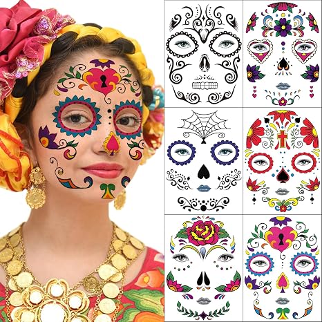 Day of The Dead Temporary Face Tattoos,6 Sheets Halloween Sugar Skull Stickers for Women Men Adults Black Skeleton Glitter Mexican Halloween Masquerade and Parties Decor Supplies - skull sticker