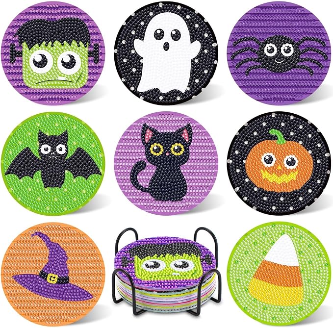 UPINS 8Pcs Halloween Diamond Art Painting Coasters Kits with Holder - skull coaster