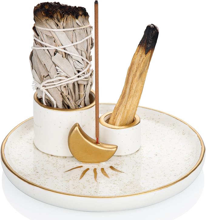 ZenBless Multifunction Incense and Candle Holder for Burning Sage, Palo Santo, Incense Sticks - 5.9" Ceramic Ash Catcher Tray for Meditation Room Home Decor Spritual Gifts (Gold) - skull incense burner