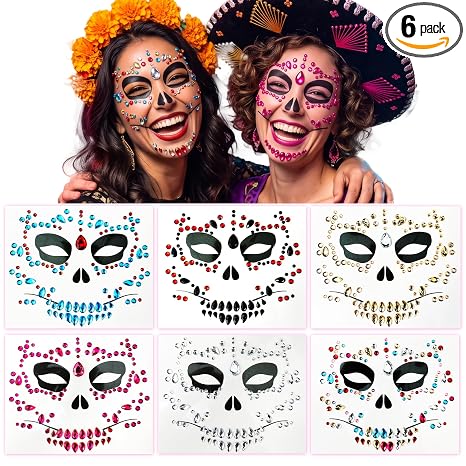 Kotbs Day of the Dead Face Gems Halloween Rhinestones, 6-Pack - sugar skull makeup