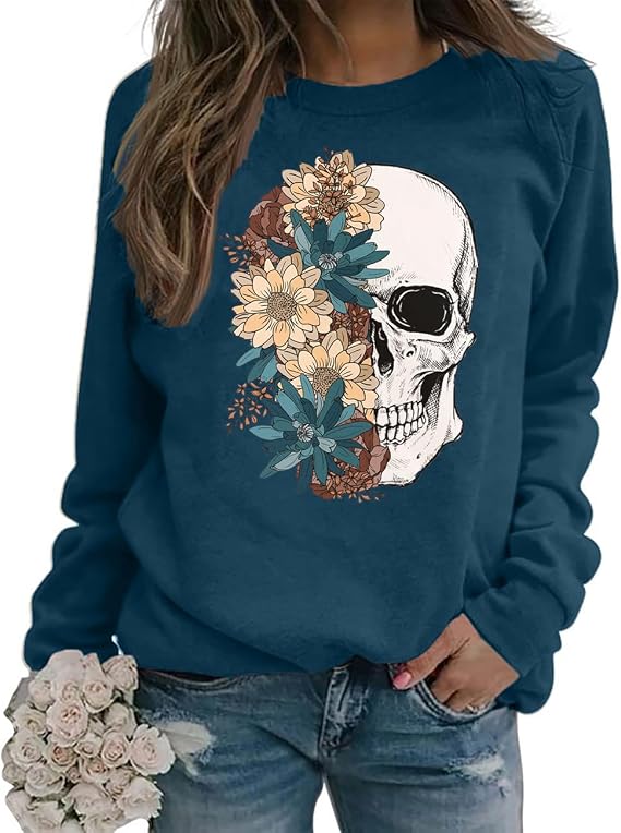 Bloom Skull Sweatshirt for Women Boho Floral Skull Graphic Tshirt Fall Long Sleeve Crewneck Pullover Tops - skull tshirt