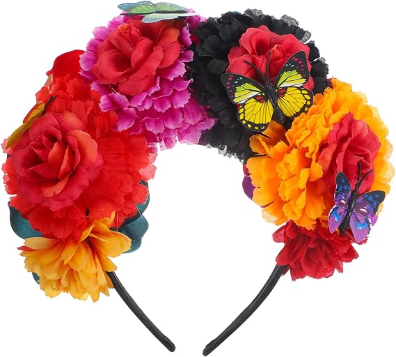 Beaupretty Mexican Rose Crown Day of The Dead Headband Dia de Los Muertos Headpiece Halloween Party Costume Accessories Red - skull headband