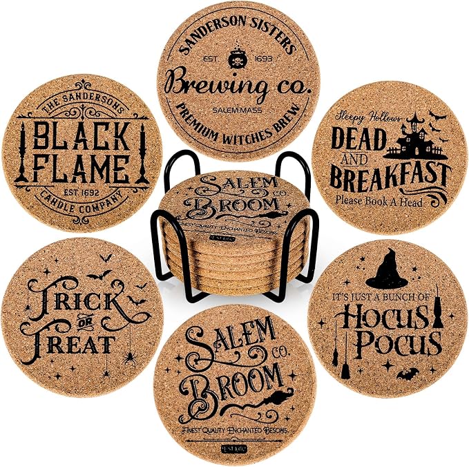 AnyDesign 6Pcs Halloween Cork Coasters with Holder Hocus Pocus Round Farmhouse Coasters Heat-Resistant Cup Mats for Wooden Table Protection Halloween Party Home Kitchen Table Supplies - skull coaster