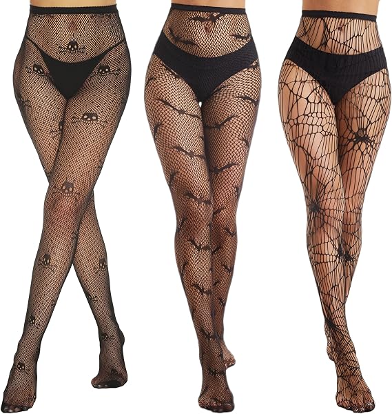 MANZI Patterned Fishnet Tights for Women 3 Pairs Pattern Fishnet Stockings Spiderweb Halloween Tights - skull leggings