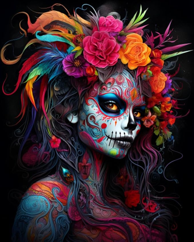 Sugar Skull Woman Portrait Paint by Numbers Kits 16x20 inch Canvas DIY Oil Painting for Kids, Students, Adults Beginner with Brushes and Acrylic Pigment - Graffiti Women Halloween (without Frame) - skull wall art