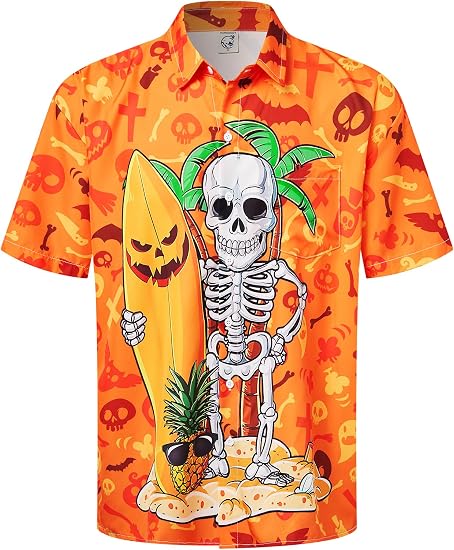 Hardaddy Men's Halloween Shirt Short Sleeve Button Down Funny Print Casual Shirt - sugar skull costume