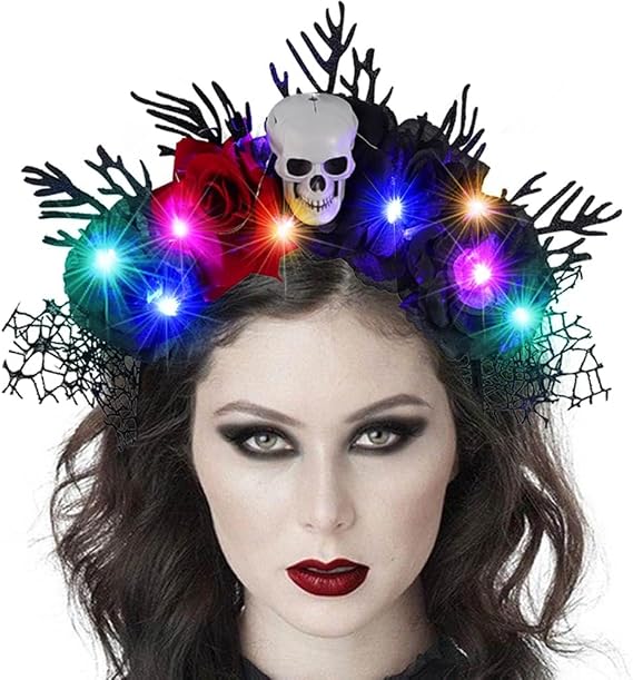 Catery Day of the Dead Headpiece Halloween Light Up Headbands Black Floral Gothic Crown Hair Accessories for Women - sugar skull costume
